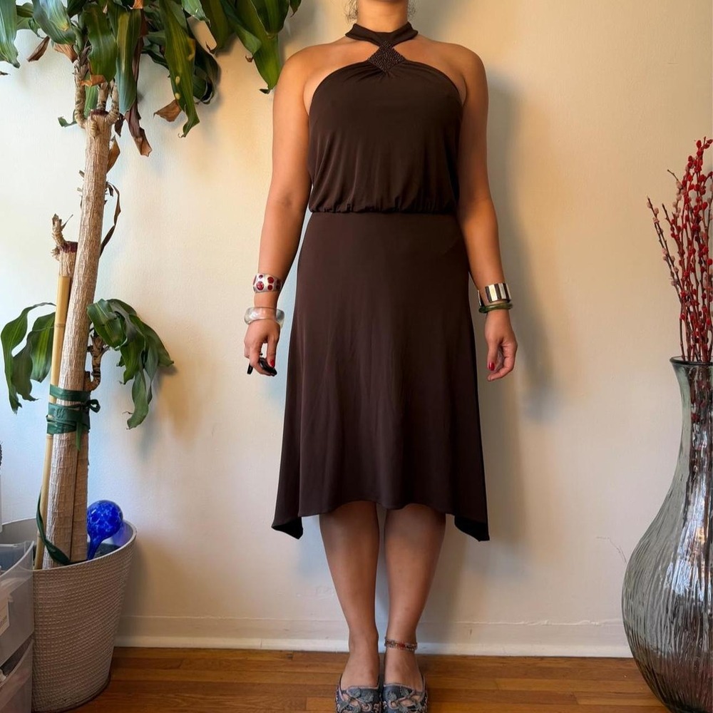 Nine West Brown Beaded Halter Handkerchief Hem Midi Dress Y2K Fairycore Size 8